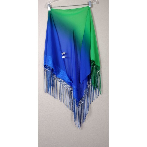 Swim'n Sport Womens Coverup Triangle Shawl Wrap Blue Green Sheer Fring Bead - Picture 1 of 8